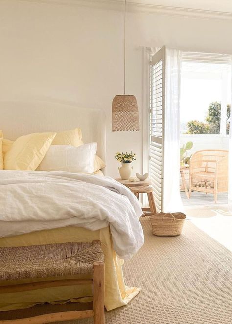 Take design cues from these nine chic bedrooms that are laden with our beautiful lemon tone that will whisk you away to the Mediterranean. Yellow Coastal Bedroom, Pale Yellow Bedrooms, Light Yellow Bedrooms, Sunny Bedroom, Yellow Room Decor, Costal Bedroom, Fall Bedroom Ideas, Bed Threads, Yellow Bedroom Decor