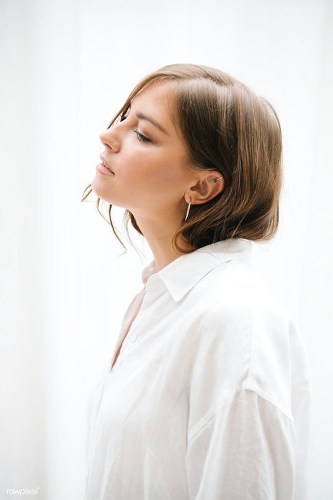 Side view of a brown hair woman in a white shirt | premium image by rawpixel.com / Jira Brown Hair Woman, Woman Looking Down, Unhealthy Habits, Face Angles, Side Portrait, Face Profile, Female Profile, Profile View, Face Photo