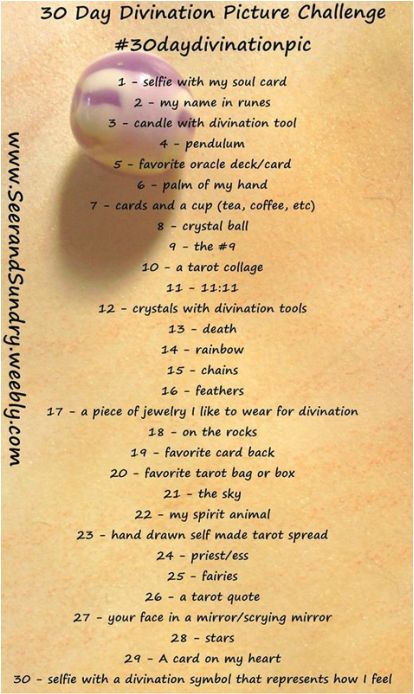 30 Day Divination Picture Challenge! #30daydivinationpic Includes tarot, palmistry, pendulums, numerology, tea and more! 30 Day Tarot Challenge, Tarot Challenge, Oracle Card Spreads, Soul Cards, Self Care Worksheets, Tarot Card Spreads, Tarot Tips, Photography Challenge, Tarot Learning