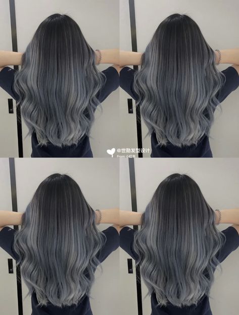 Ash Grey Balayage, Ash Gray Balayage, Black Silver Hair, Blue Gray Hair, Grey Balayage, Black And Silver Hair, Gray Balayage, Color For Black Hair, Lavender Grey