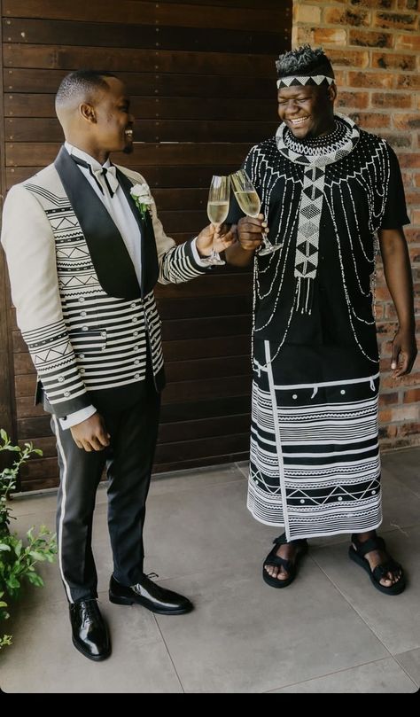 Zulu Wedding Attire, Xhosa Shirts For Men, Men’s Xhosa Attire, Xhosa Attire For Couples, Colourful Xhosa Attire, Black And White Xhosa Traditional Dress, Zulu Wedding, Zulu Traditional Attire, Xhosa Traditional Attire