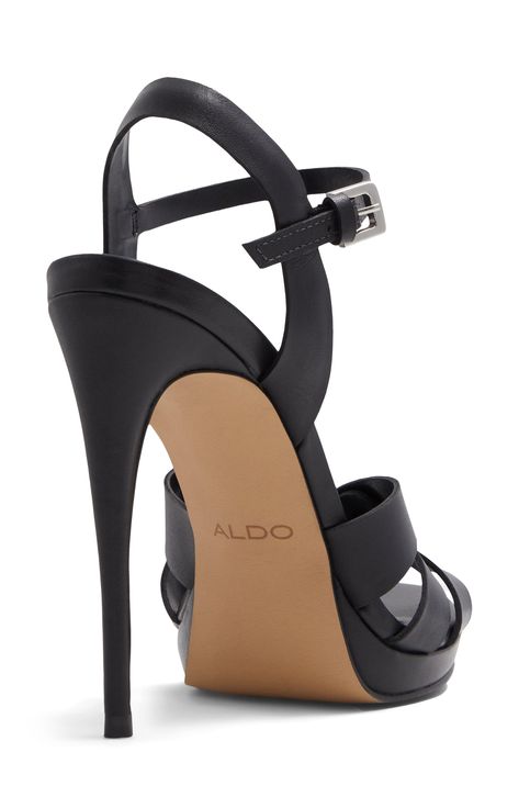 Interlocking vamp straps create modern dimension on a striking leather sandal lifted by a subtle platform and soaring stiletto heel. 4" heel; 1/2" platform Cushioned footbed Leather upper/synthetic lining/rubber sole Made in Brazil Platform Stiletto Heels, Backless Jumpsuit, Hot Heels, Black Platform, Shoe Closet, Heels Shoes, Shoe Lover, Sandal Women, Platform Shoes