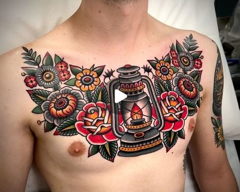 ANDREW BAYSINGER on Instagram: "Camping lantern and a shit ton of flowers finished up a few weeks ago. Thanks Evan!  • • **Merch available on my website (link in bio)** • • #tattoo#tattoos#traditionaltattoo#besttradtattoos#tradtattoo#tradworkers#bright_and_bold#realtraditional#americantraditional#oldschooltattoo#boldtattoo#boldwillhold#oldlines#outerlimits#outerlimitstattoo#costamesa#newportbeach#colortattoo#blacktattoo" American Traditional Tattoo Ideas Men, Lantern Chest Tattoo, Traditional Lantern Tattoo, Lantern Tattoo, Traditional Lanterns, Camping Lantern, Camping Lanterns, American Traditional Tattoo, American Traditional