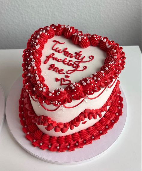 Red 21st Birthday Cake, Red And White Heart Cake, Red Aesthetic Cake, Red Cake Decoration Birthday, Red Bday Cake, Romina Core, Red And White Birthday Cake, Red White Cake, Red Velvet Heart Cake