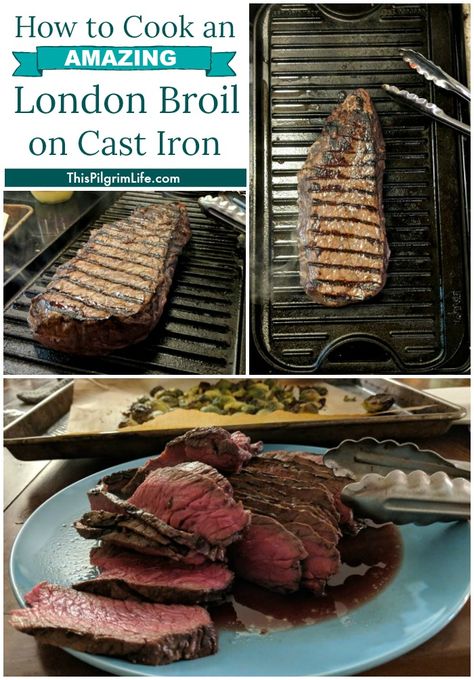 Cook a London broil on a cast iron griddle for an amazing and budget-friendly steak dinner at home! Easy enough for a weeknight meal, delicious enough for a dinner with friends! London Broil On Blackstone, Cast Iron London Broil, London Broil On Blackstone Griddle, Cooking London Broil, Cast Iron Steak, London Broil Recipes, London Broil, Cast Iron Griddle, Grilling Sides