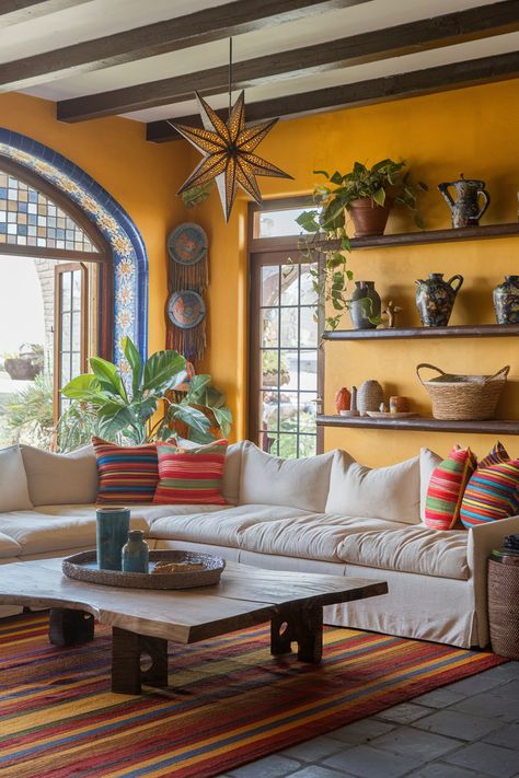 47 Colorful Mexican Inspired Design and Decor Ideas – Rhythm of the Home French Mexican Decor, Rajasthani Decoration Ideas For Home, Mexican Living Room Decor Hacienda Style, Mexican Office, Modern Mexican Living Room, Modern Mexican Decor, Fresh Home Decor, Mexican Interior Design, Modern Mexican