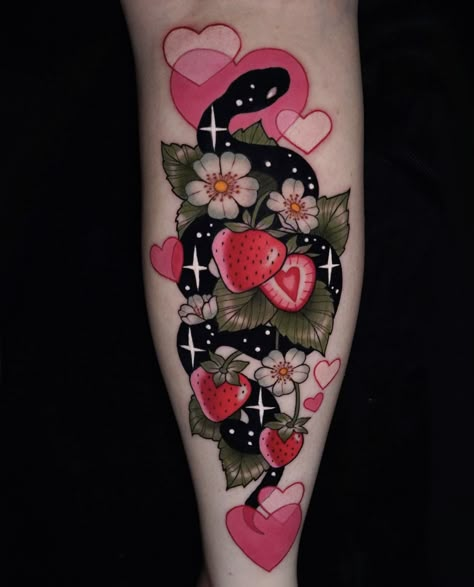 Snakes, strawberries, and sparkles 🐍🍓✨ Artist: sketchbrooke_ on IG Strawberry With Flower Tattoo, Strawberry Bat Tattoo, Tater Tot Tattoo, Pink Strawberry Tattoo, Strawberry Line Tattoo, Strawberry Moon Tattoo, Strawberry Hip Tattoo, Cute Traditional Tattoos For Women, Girly Snake Tattoo