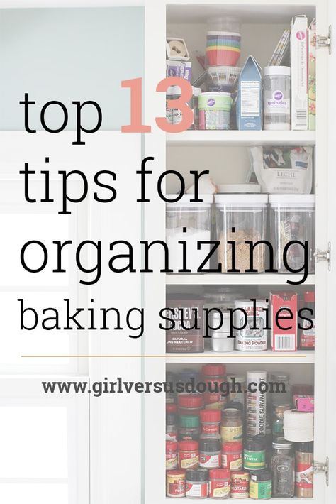 A Baker's Dozen: Top 13 Tips for Organizing Baking Supplies | girlversusdough.com @girlversusdough Organizing Baking Supplies, Baking Tools Storage, Baking Tools Organization, Baking Supplies Organization, Baking Organization, Baking Center, Tools Organization, Baking Station, Cooking Spaghetti