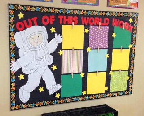 Space theme bulletin board | Reach for the Stars Class Art Bulletin Board, Bulletin Board Ideas Space Theme, Space Themed Bulletin Boards Preschool, Outer Space School Theme Bulletin Boards, Rocket Bulletin Board Ideas, Space Themed Preschool Classroom, Outer Space Bulletin Boards Preschool, Space Themed Bulletin Boards Ideas, Outerspace Classroom Themes