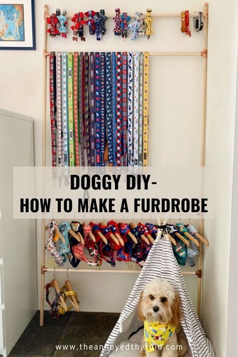 If like me you have 'a few' dog accessories, you'll want somewhere to store them and this freestanding furdrobe is the pawfect storage solution! Dog Lead Storage Ideas, Dog Closet Diy, Dog Clothing Storage Ideas, Dog Collar Organizer, Dog Collar Storage Ideas, Dog Harness Storage, Dog Clothes Storage Ideas, Dog Collar Storage, Dog Bandana Storage Ideas