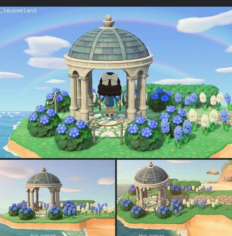 Acnh Corner Ideas, Animal Crossing Water Fountain Ideas, Acnh Pagoda Ideas, Animal Crossing Center Ideas, Acnh Island Designs Resident Services, Animal Crossing Lookout Ideas, Park In Animal Crossing, Acnh Hydrangea Design, Acnh Central Park Ideas