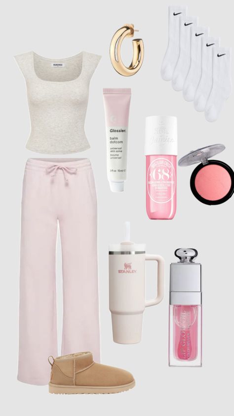 Pink Sweatpants Outfit, Wide Leg Sweatpants Outfit, Outfit Mood Board, Dior Lip Oil, Pink Stanley, Chill Outfit, Dior Lip, Simple Outfits For School, Pink Uggs