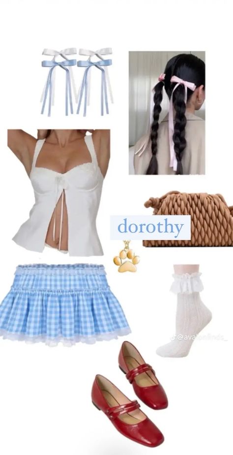 Dorthy Costume Aesthetic, Unique Brunette Halloween Costumes, Solo Costume Ideas Women, Uncommon Halloween Costumes For Women, Blue Skirt Halloween Costume, Trendy Costumes Halloween, Cute Womens Halloween Costumes, Dorothy Costume College, Dorthy Costume Ideas