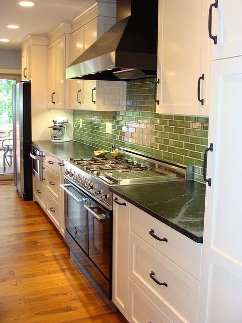 Green Kitchen Countertops, Cherry Wood Kitchen Cabinets, Green Tile Backsplash, Cherry Wood Kitchens, Cherry Wood Cabinets, Green Subway Tile, Soapstone Counters, Green Backsplash, Diy Backsplash