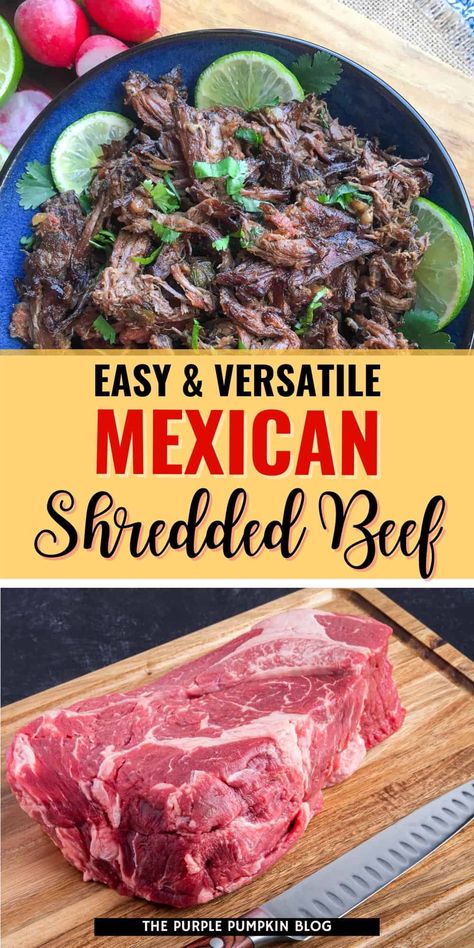 Slow Cooker Mexican Shredded Beef is an incredibly versatile recipe that can be used in tacos or wraps or served up with rice and roasted vegetables. The beef is slowly cooked to perfection, is super tender, and full of flavors including chipotle, oregano, cumin, and lime. Chuck Roast Recipes Mexican, Beef Shank Slow Cooker, Serrano Pepper Recipes, Roast Beef Tacos, Slow Cooker Mexican Shredded Beef, Beef Shoulder Roast, Slow Cooker Mexican, Mexican Shredded Beef, Chuck Roast Recipes