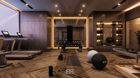 Villa KB / Interior Design - B8 Architecture and Design Studio Gym Interior Design Ideas Modern Luxury, High End Gym Design, Modern Gym Interior Design, Gym Luxury Interior, Luxurious Gym Interior, Private Gym Luxury, Home Gym Design Luxury, Dark Modern House, B8 Architecture