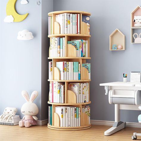 PRICES MAY VARY. 【Large Capacity】This kids rotating bookshelf has a total of 5 tier, the total length is 63'', the overall width is 18'', and the height of each layer is 12'', 360 rotating bookshelf can use a lot of space, can store books, potted plants, small toys , decorations, etc. 【360° Free Rotation】This bookshelf can be rotated 360 degrees freely. The chassis of the bookshelf adopts a rotating chassis of steel ball bearings, which rotates smoothly and silently, and the bookshelf is more st Playroom Corner Storage, Color Book Storage, Nursery Bookshelf And Toy Storage, Wall Storage For Playroom, Kids Playroom Shelves, Book Shelf For Baby Nursery, Boy Bedroom Toy Storage, Kids Bedroom Toy Organization, Reading Nook Bookshelves