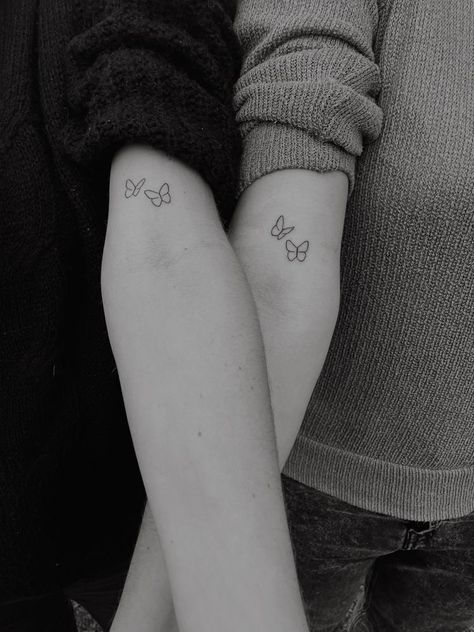 #tattoo #friendship #friends #tattooideas #tattooart #tattooideasformen Matching Tattoos For Best Friends Butterflies, Small Matching Tattoos Butterfly, Non Matching Sister Tattoos, Maching Tattoos Butterfly, Small Tattoo Sisters, Sister's Tattoos Matching, Cute Matching Butterfly Tattoos, Two Friends Tattoo, Matching Small Tattoos Sister Tat