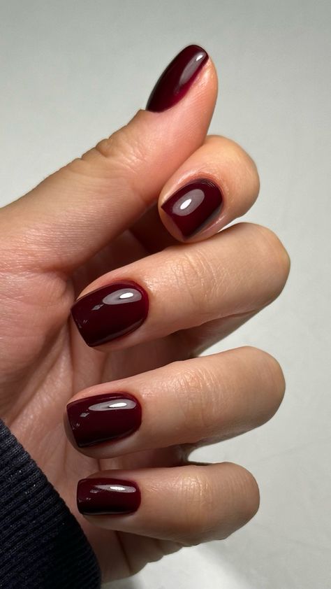 Short Fall Nails Burgundy, Simple Polished Nails, Cherry Wine Red Nails, Extra Short Red Nails, Short Nail Burgundy, Nails Short Red Dark, Dark Red Squoval Nails, Burgundy Shellac Nails, Dark Red Gel Nails Design