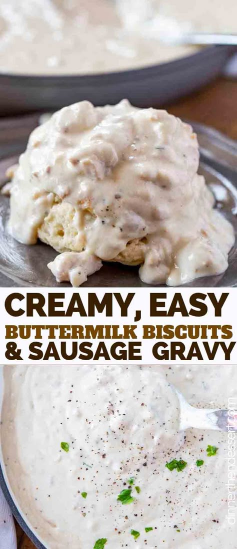 Biscuits and Gravy made with breakfast sausage, milk, and seasoning, served over flakey buttermilk biscuits is a quick and easy breakfast ready in only 20 minutes! #breakfast #brunch #biscuits #gravy #sausage #holidays #christmas #buttermilk #dinnerthendessert Buttermilk Biscuits And Gravy, Buttermilk Sausage Gravy, Best Biscuits And Gravy Recipe, Buttermilk Gravy Recipe, Breakfast Biscuits And Gravy, Buttermilk Gravy, Brunch Biscuits, Dinner Biscuit, Gravy Biscuits