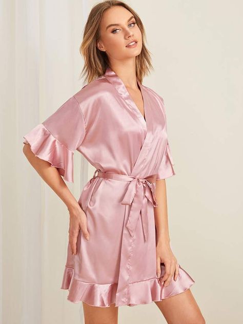 Belted Robe, Ruffle Hem, A Woman, Pajamas, Satin, Silk, Pink