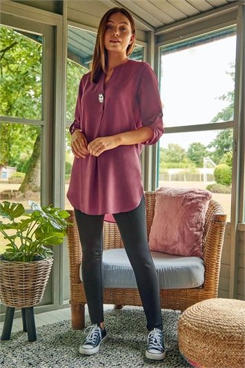 Longline Button Detail Tunic Top in Mauve - Roman Originals UK Tunic And Jeans, Ladies Casual Wear, Chiffon Tunic Top, Chiffon Tunic, Printed Trousers, Maxi Dress Party, Denim Outfit, Jeans For Sale, Skirts For Sale