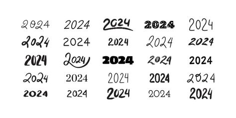 2024 lettering collection. Set of 2024 Happy New Year hand drawn symbols. Number template, logo, poster, greeting card design. 2024 Logo Number, 2024 Lettering Design Numbers, 2024 Number Design, 2024 Lettering, Fancy Numbers, Curly Font, Journal 2023, Fancy Writing, Logo P