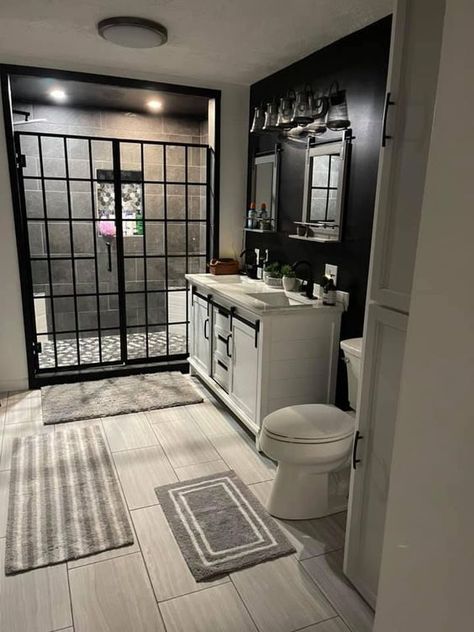 Morden Bathroom Decor, Male Bathroom Ideas Decor Modern, Bathroom Claims For Dr, Black And Grey Bathroom Ideas Decor, Gray And Black Bathroom Ideas, Couples Bathroom Ideas, Couple Bathroom Ideas, Black And Gray Bathroom Ideas, Black And Grey Bathroom Ideas