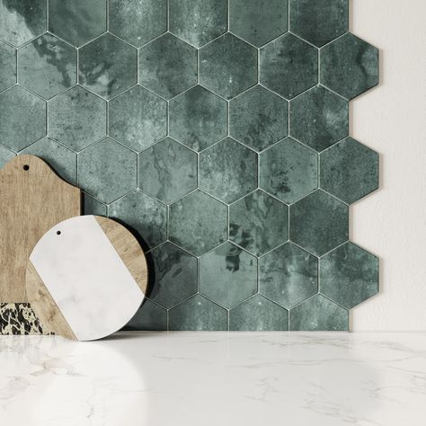 Wickes Boutique Wisteria Hexagon Green Gloss Ceramic Wall Tile - 173 x 150mm | Wickes.co.uk Green Hexagon Tile, Hexagon Design, Hexagon Tiles, Ceramic Wall Tiles, Contemporary Aesthetic, The Hope, Wall Tile, Glazed Ceramic, Interior Walls