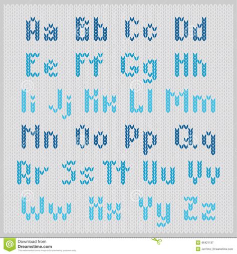 Knitted vector alphabet, blue small sans serif letters.