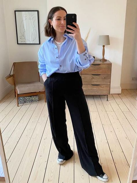 The 4 Best H&M Wide-Leg Trousers | Who What Wear UK Black Pants And Blue Shirt Outfit, Wide Leg Blue Trousers Outfit, Blue Shirt Black Pants, Wide Leg Trousers Outfit, Jeans Styling, Aw 2023, Colored Sneakers, Workwear Capsule Wardrobe, Aw 23