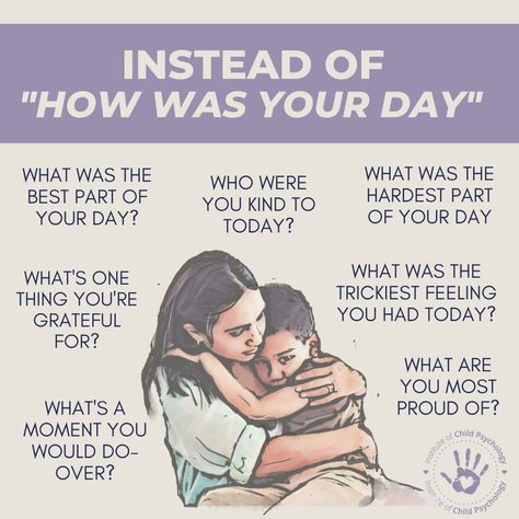 There is nothing wrong with "How was your day," but it often leads to the answer "good" or"fine," which doesn't leave a lot of room for discussion or engagement.. #parenting #motherhood #momlife #kids #family #parenthood #parentingtips #parents #children #mom #momsofinstagram #familytime #dadlife Uppfostra Barn, Positive Affirmations For Kids, Positive Parenting Solutions, Parenting Solutions, Education Positive, Parenting Knowledge, Affirmations For Kids, Conscious Parenting, Child Psychology