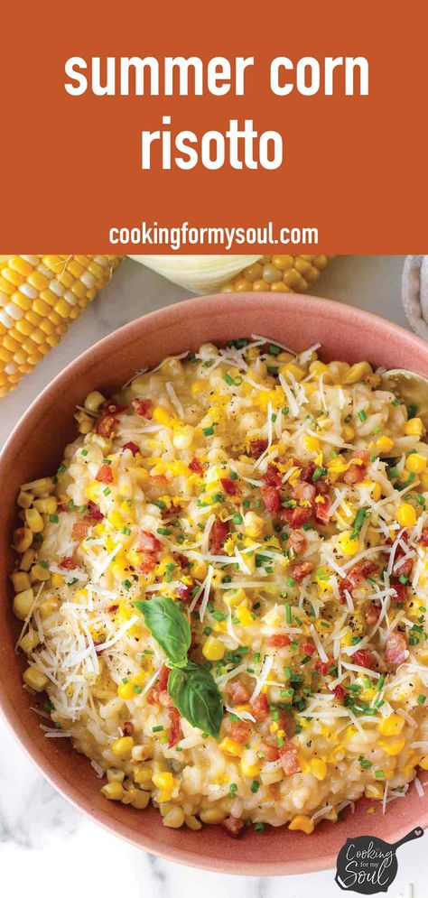 Corn Risotto! This summer corn risotto is the perfect dish to enjoy all the seasonal produce. Made with sweet corn, crispy pancetta, and lots of aromatics. The risotto is cooked until creamy and to perfection. Asian Corn Recipes, Sunday Dinner Sides, Sweet Corn Risotto Recipe, Summer Corn Recipes, Summer Rice, Veggie Risotto, Side Veggies, Corn Risotto, Sweet Corn Recipes