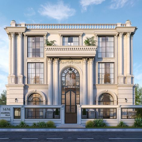 Classical Showroom Elevation, Roman Elevation Design, Classical Building Elevation, Hotel Entrance Design Exterior, Showroom Elevation, Classic Facade Design, Modern Classic Exterior, Classic Elevation, Dream House Pictures