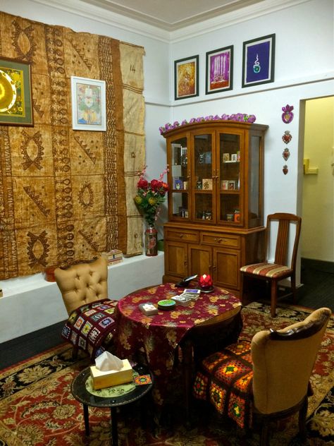 My new tarot office in Newtown, Sydney, Australia - 2015 Psychic Office, Tarot Reading Room Ideas, Tarot Themed Room, Tarot Room, Tarot Table, Tarot Space Decor, Office Meditation Room, Tarot Reading Room, Reading Room Decor