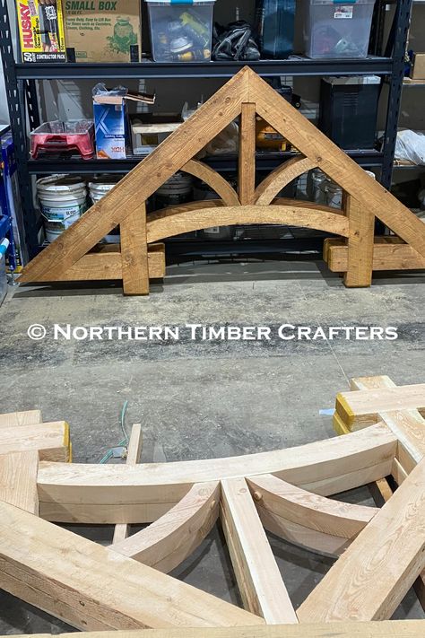 Timber Frame Entryway Front Porches, Exterior Truss Design, Hammer Beam Truss, Timber Frame Trusses, How To Build A Portico, Timber Frame Front Entry, Timber Truss Design, Decorative Trusses Exterior, Timber Framed Porch