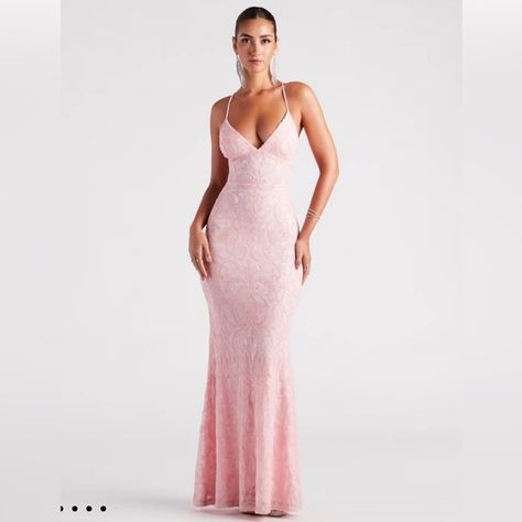 WINDSOR Formal Sequin V-Neck Mermaid Dress Windsor Pink Dress, Windsor Prom Dresses, Pink Lace Maxi Dress, Light Pink Prom Dress, Rose Gold Prom Dress, Dresses Windsor, Windsor Dresses Prom, Winter Ball, Homecoming Formal Dresses