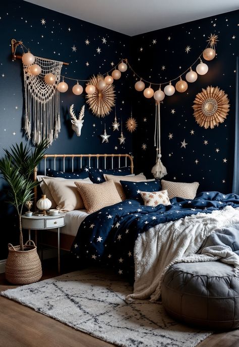 Blue Boho Girls Bedroom Night Sky Themed Bedroom, Celestial Boho Bedroom, Girls Navy Blue Bedroom Ideas, Night Court Bedroom Aesthetic, Navy Girls Bedroom, Navy Blue Girls Bedroom, Girl Space Room, Room Ideas Dark Blue, Navy Bedding Bedroom