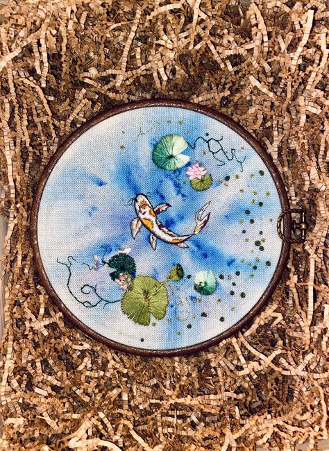 Koi fish in a pond embroidery with water painted canvas-hoop art Pond Embroidery, Koi Fish In A Pond, Fish In A Pond, Koi Watercolor, A Pond, Fish Pond, Painted Canvas, Koi Pond, Water Painting