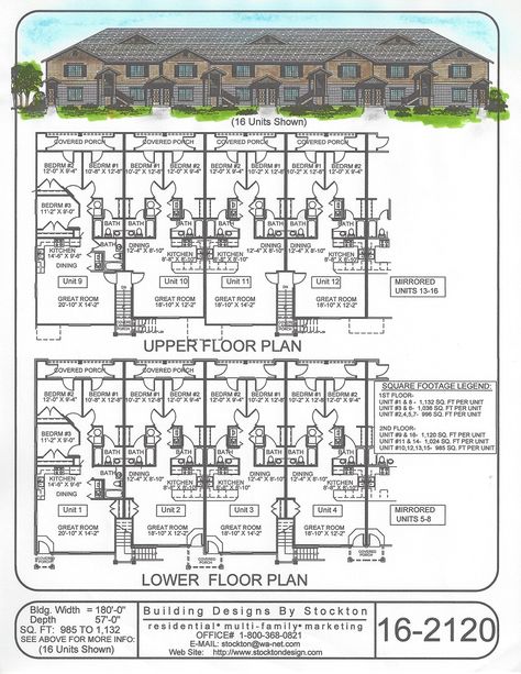 Building Designs by Stockton: Plan # 16-2120 Small Apartment Complex Plans, Apartment Building Plans, Apartment House Plans, Apartment Blueprints, Small Apartment Complex, Town House Plans, Studio Apartment Floor Plans, Hotel Floor Plan, House Plans Ideas