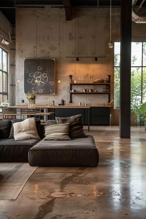 29 Industrial Living Room Ideas for a Contemporary and Cool Home 2 Concrete Industrial Interior, Industrial House Interior Design, Contemporary Industrial Interior Design, Industrial Aesthetic Interior Design, Cement House Design, Industrial House Decor, Industrial Interior Design Living Room, Rustic Industrial Home, Industrial Living Room Ideas