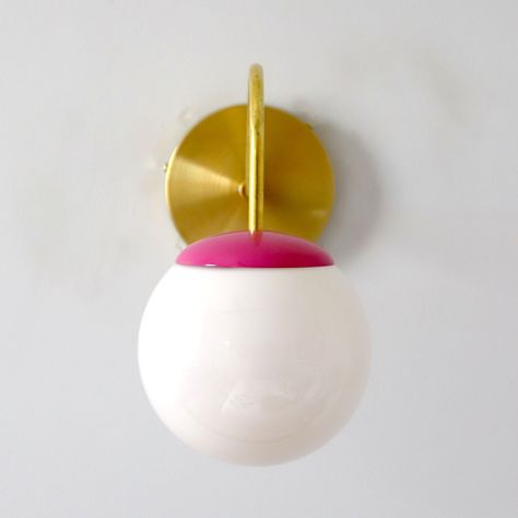 Mid Century modern pink and brass wall sconce with white glass globe. Perfect for bathrooms, bedrooms, kids bedrooms, and more. Sunroom Remodel, Sazerac, Girls Bathroom, Sputnik Chandelier, Pink Room, Glass Replacement, Wall Plate, Table Lamp Lighting, Ceiling Fixtures