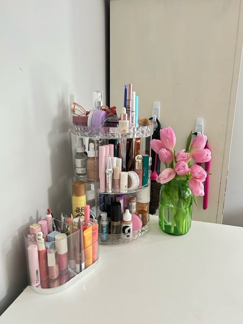 #flowers #tulips #desk #vanity #makeup #organization #skincare Turntable Makeup Organizer, Makeup Storage On Dresser, Makeup Organization Desk, Bathroom Makeup Organization, Makeup Desk Organization, Lazy Susan Makeup Organizer, Small Space Makeup Vanity, Cosmetics Organization, Bedroom Organizers