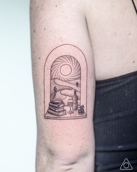 Fine line geometric tattoo of a beautiful scene through an arched window with books, wine & whiskey. Window Seal Tattoo, Window Scene Tattoo, Small Window Tattoo, Arched Window Tattoo, Window Pane Tattoo, Arch Window Tattoo, Windowsill Tattoo, Open Window Tattoo, Window Frame Tattoo