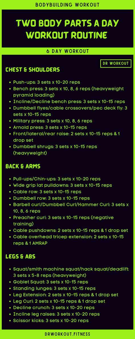 Two Body Parts a Day Workout Plan - Dr Workout - Google Drive Workout Split For Beginners, Dr Workout, Crossfit Body Weight Workout, Body Pump Workout, Weekly Gym Workouts, Split Workout Routine, Total Body Workout Plan, Day Workout Plan, 4 Day Workout