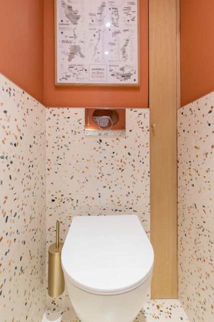 Peach Toilet, Terrazzo Toilet, Inspiration Wc, Small Powder Room Design, Toilet Renovation, Small Bathroom Renos, Contemporary Powder Room, Tiny Loft, Toilette Design