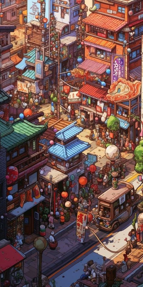 Anime Architecture, Pixel Art Background, Anime City, China Town, Isometric Art, Abstract Art Wallpaper, Pop Art Wallpaper, Art Gallery Wallpaper, Building Art