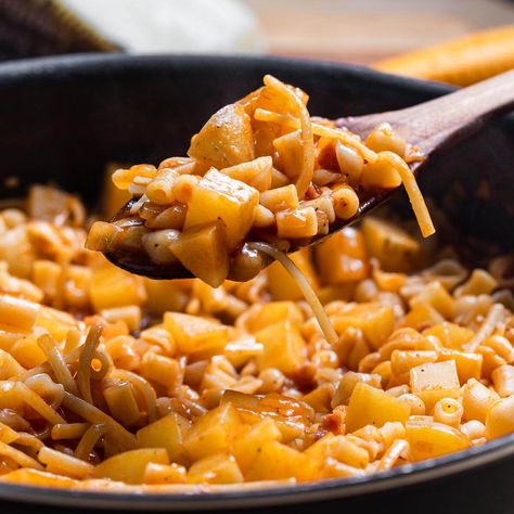 Diced potatoes, pancetta, mismatched pasta, and a touch of tomato form this simple pantry pasta that's perfect for any night of the week! Pasta And Potatoes Recipes, Vegetarian Pastas, Pasta And Potatoes, Pantry Pasta, Pasta E Patate, Pasta Con Broccoli, Sip And Feast, Potato Pasta, Sunday Dinners