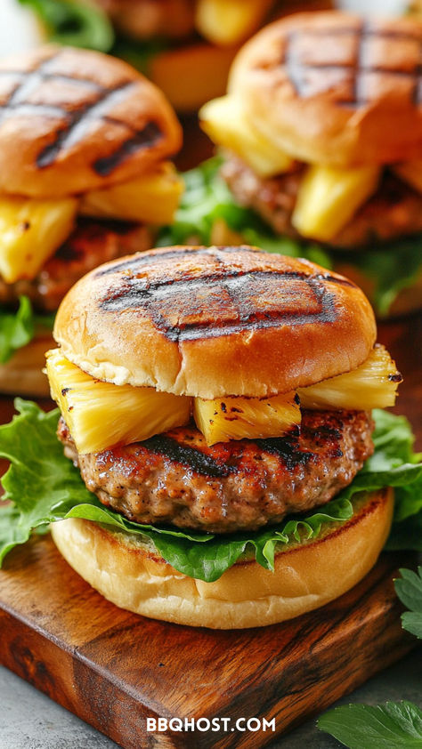 Enjoy the tropical twist of Turkey Burger Sliders on Hawaiian Rolls, topped with grilled pineapple and crisp lettuce. This grilled turkey burger recipe is healthy, juicy, and perfect for any occasion. Save this now and click through for 18 more recipes! Grilled Turkey Burger Recipes, Turkey Burger Ideas, Turkey Burger Bowls, Grilled Turkey Burgers Recipes, Pineapple Burger, Feta Burger, Chipotle Turkey Burger, Turkey Feta Burgers, Best Turkey Burger