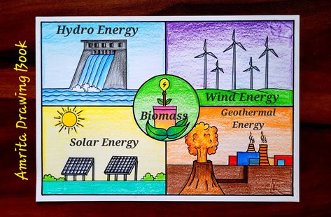 Video Tutorial uploaded on Amrita Drawing Book Channel. Subscribe for more creative Drawings and School Projects #renewable #energy #sourceofenergy #science #amritadrawingbook #Youtube #drawing #conservation #poster Renewable Energy Sources Poster, Saving Energy Poster, Conservation Of Resources Poster, Renewable Energy Drawing, Save Energy Poster Creative, Energy Conservation Poster Drawing, Science Related Drawings, Energy Conservation Painting, Drawing For Science